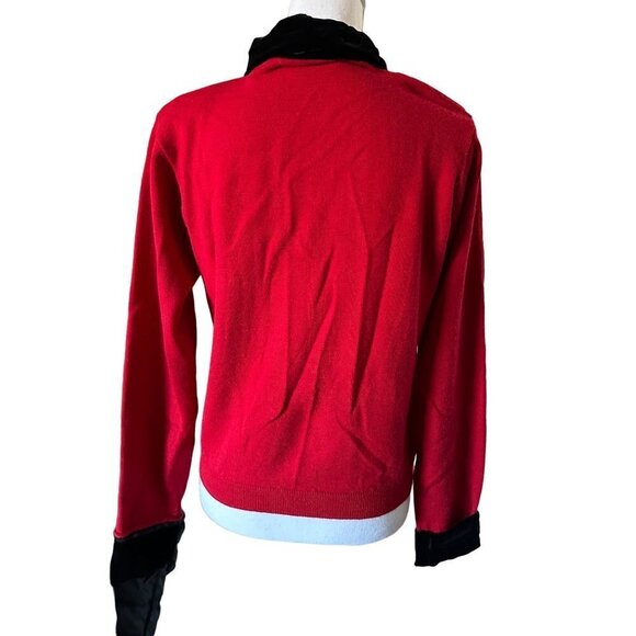 Vintage Valerie Stevens Red Sweater Cardigan Black Velvet Trim Merino Wool Sz M - Picture 2 of 11